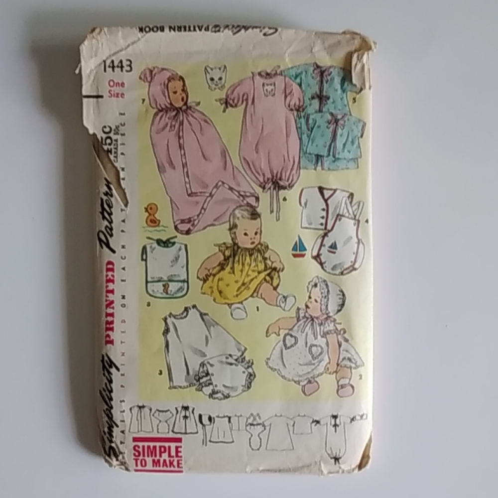 Simplicity One Size #1443 Bib Dress Panties Pinafore Bonnet Slip Kimono Pattern